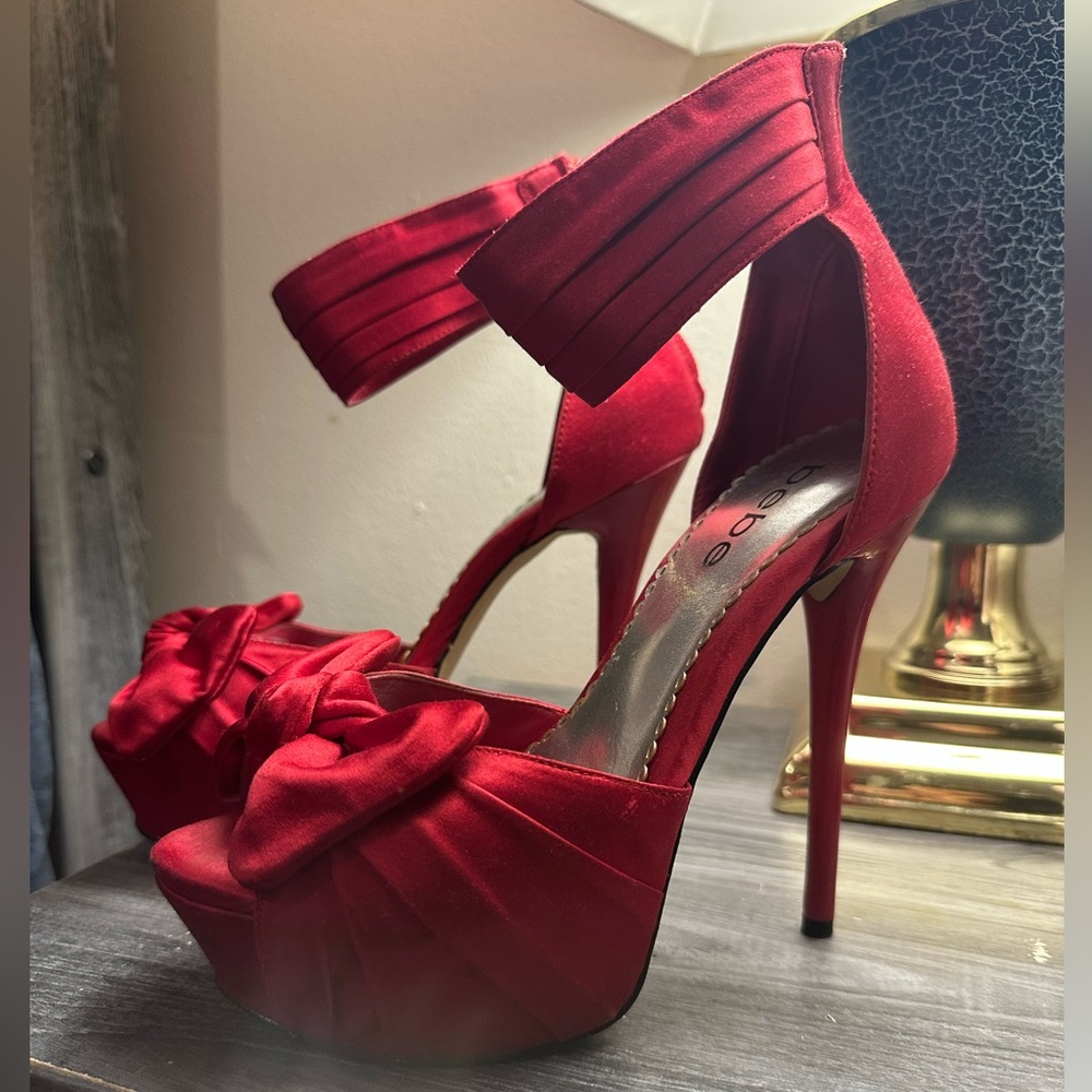 bebe Scarlet Satin Ankle Strap Heels